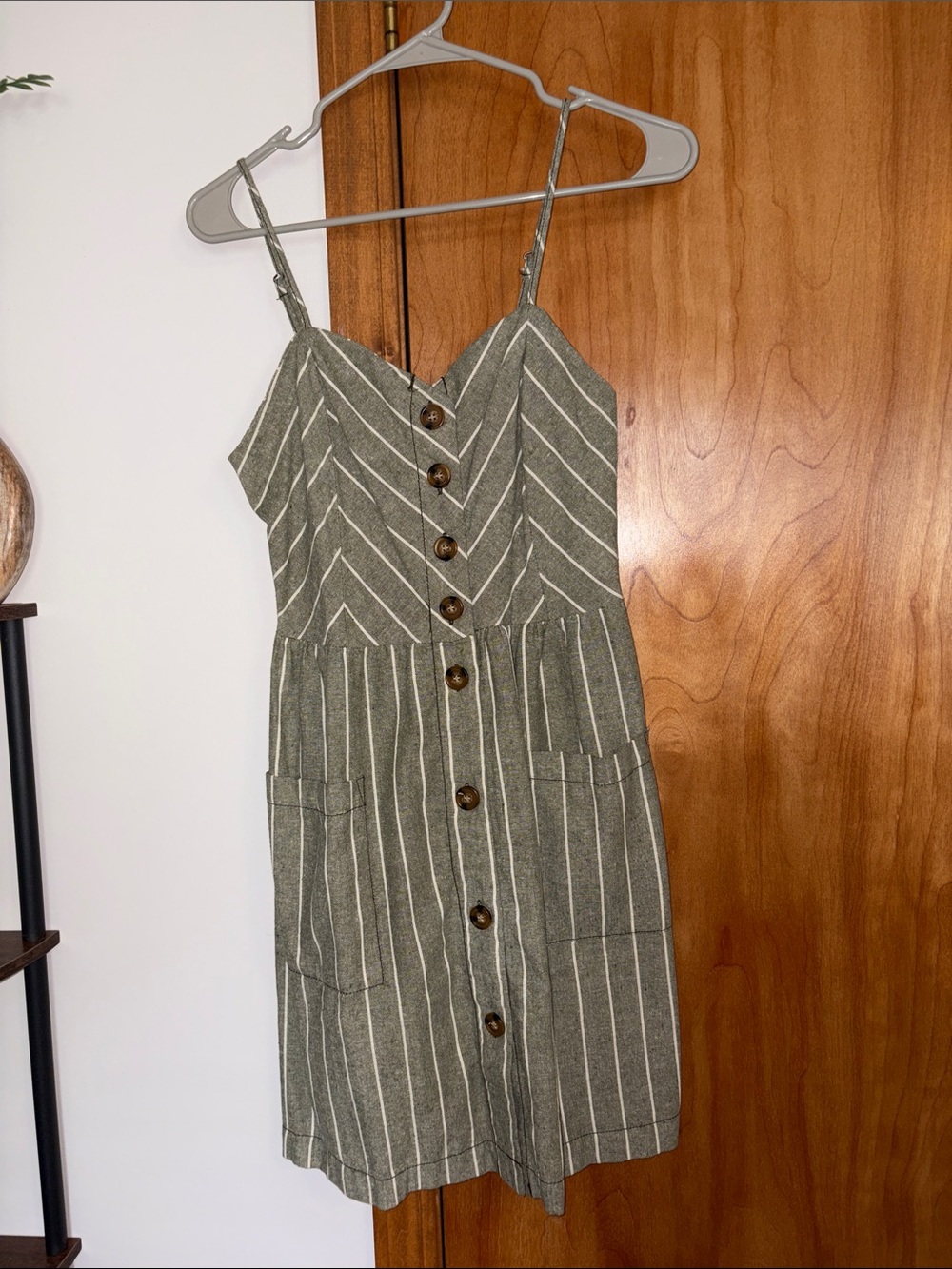 Ci Sono Olive Green Striped Button-Front  Dress